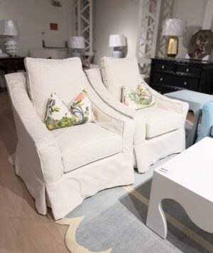 Set of slipcovered Bailey swivel glider chairs