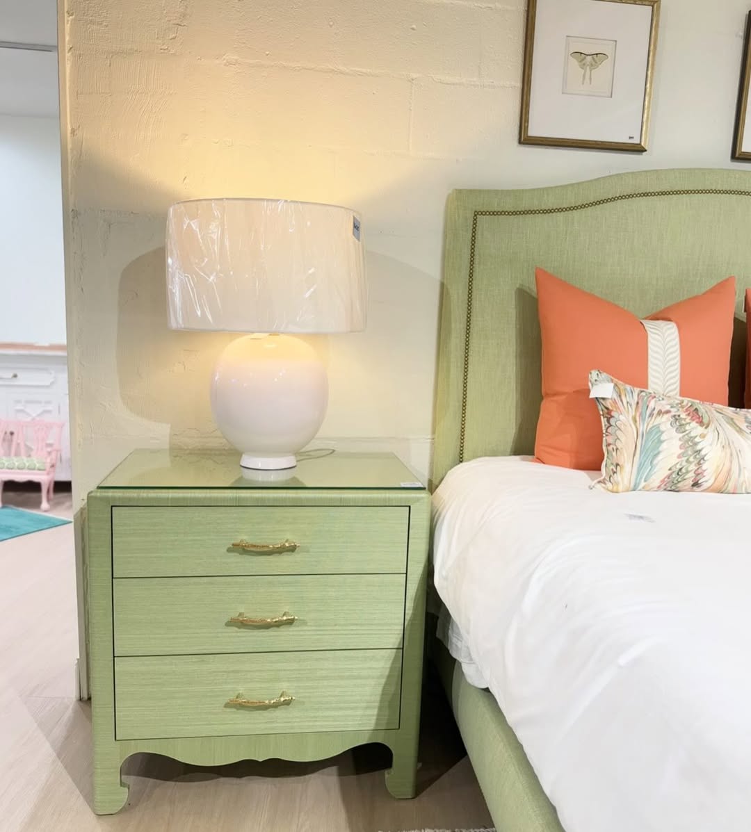 Gianna 3-Drawer spring green grasscloth with glass top