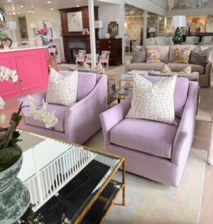 Set of Massoud Amelia swivel chairs covered in performance velvet banks wisteria