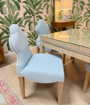 Adelaide performace light blue game chairs with white welt and oak leg