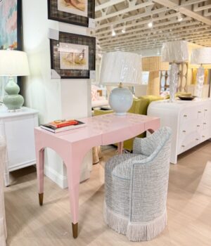 Mandi baby pink high gloss desk with gold end caps