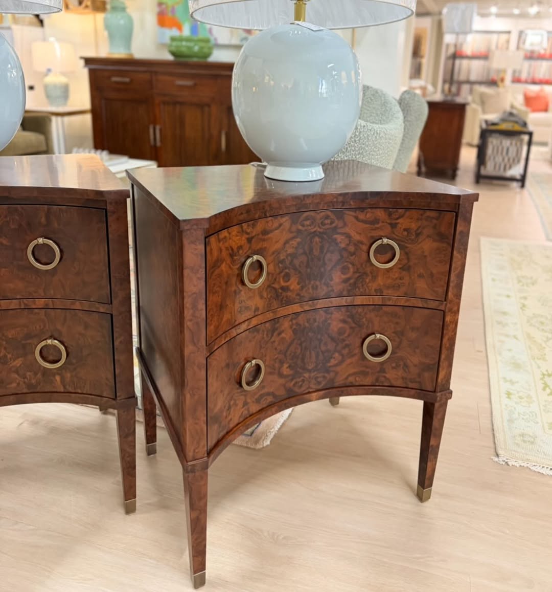 Curved two drawer dark Burl night stand set - Image 6