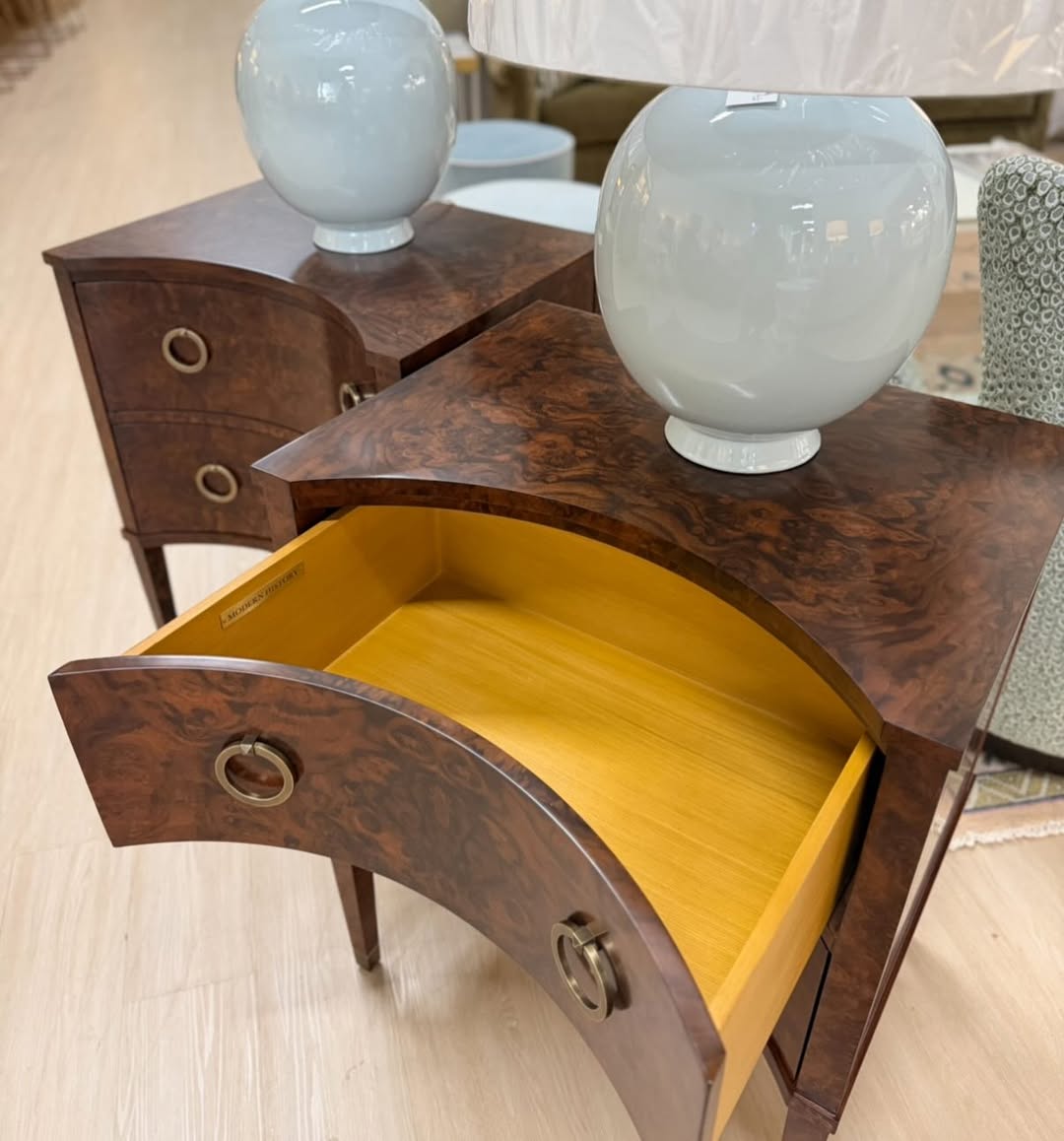Curved two drawer dark Burl night stand set - Image 3