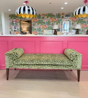 Millie long bench covered in Indio lime with an ash wood leg