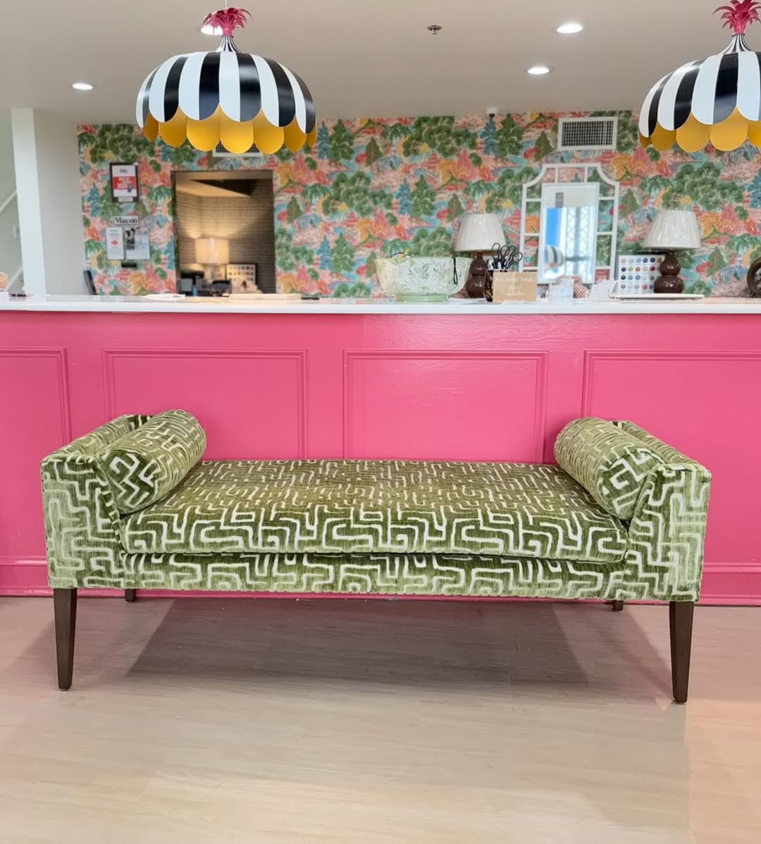 Millie long bench covered in Indio lime with an ash wood leg