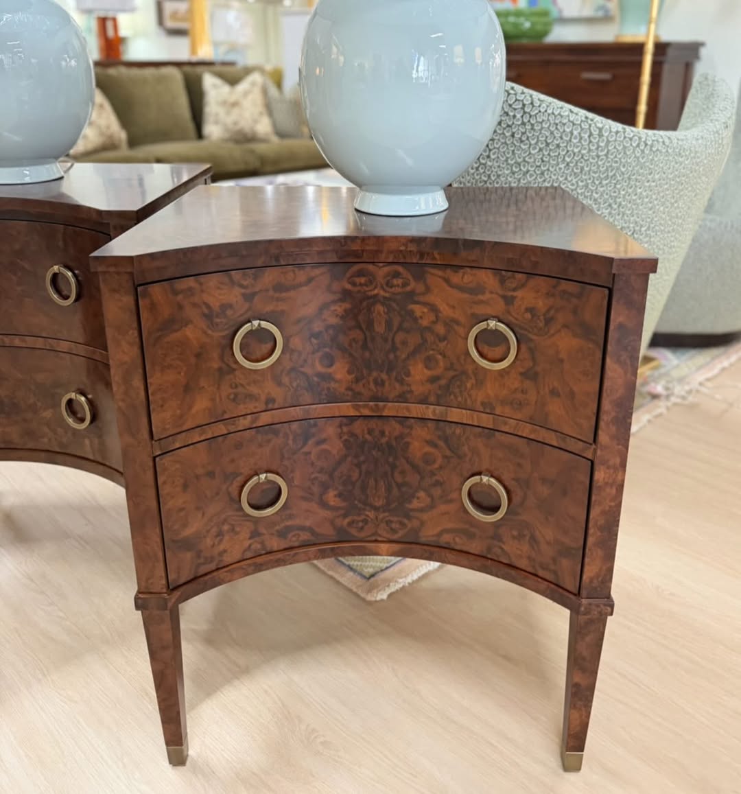 Curved two drawer dark Burl night stand set - Image 5