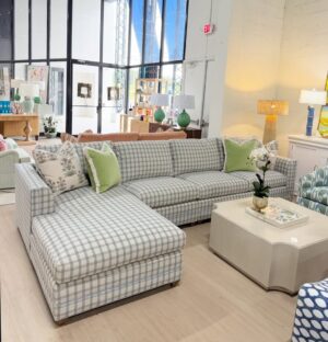 Wesley Hall 3 piece sectional covered in hyacinth azure and velvet welt!