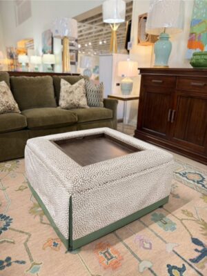 New @massoud__furniture storage ottoman with tray insert, built-in storage, blue velvet trim, and such a fun pattern