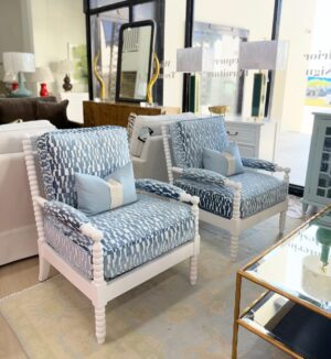 White spindles chairs covered in kravet blue! These are spot clean!