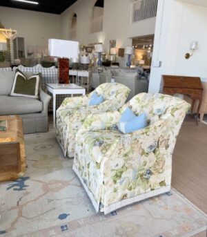 Wesley hall swivel chair set covered in Bridget sprig fabric with tape trim! These are spot clean !