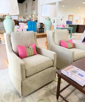 Lindy swivel rock chair set covered in quantre point moss! Spot clean!