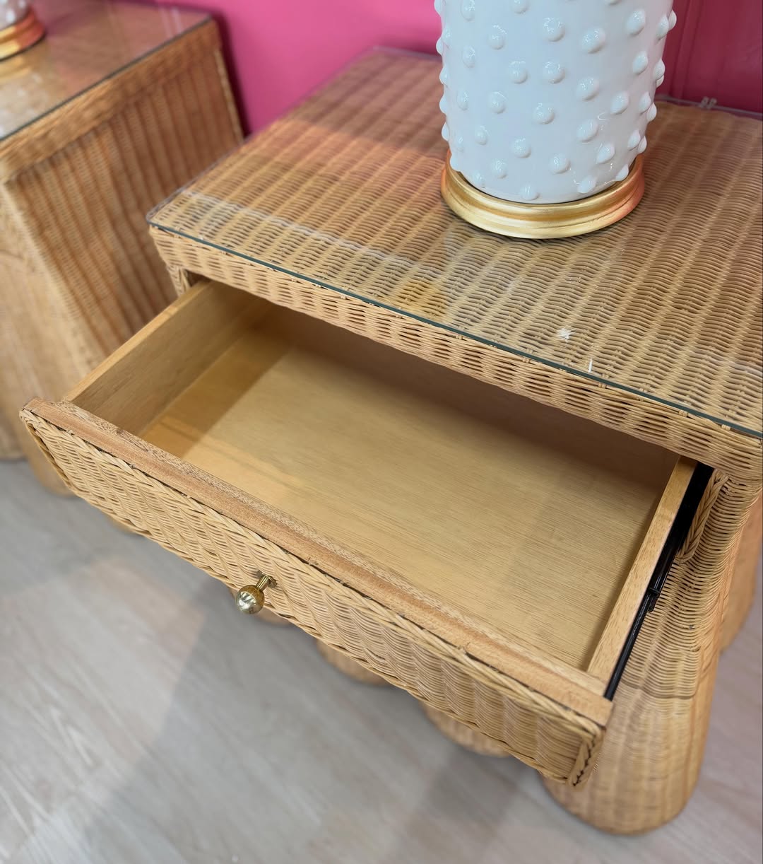 Giselle night stand rattan scalloped set with glass top included - Image 3