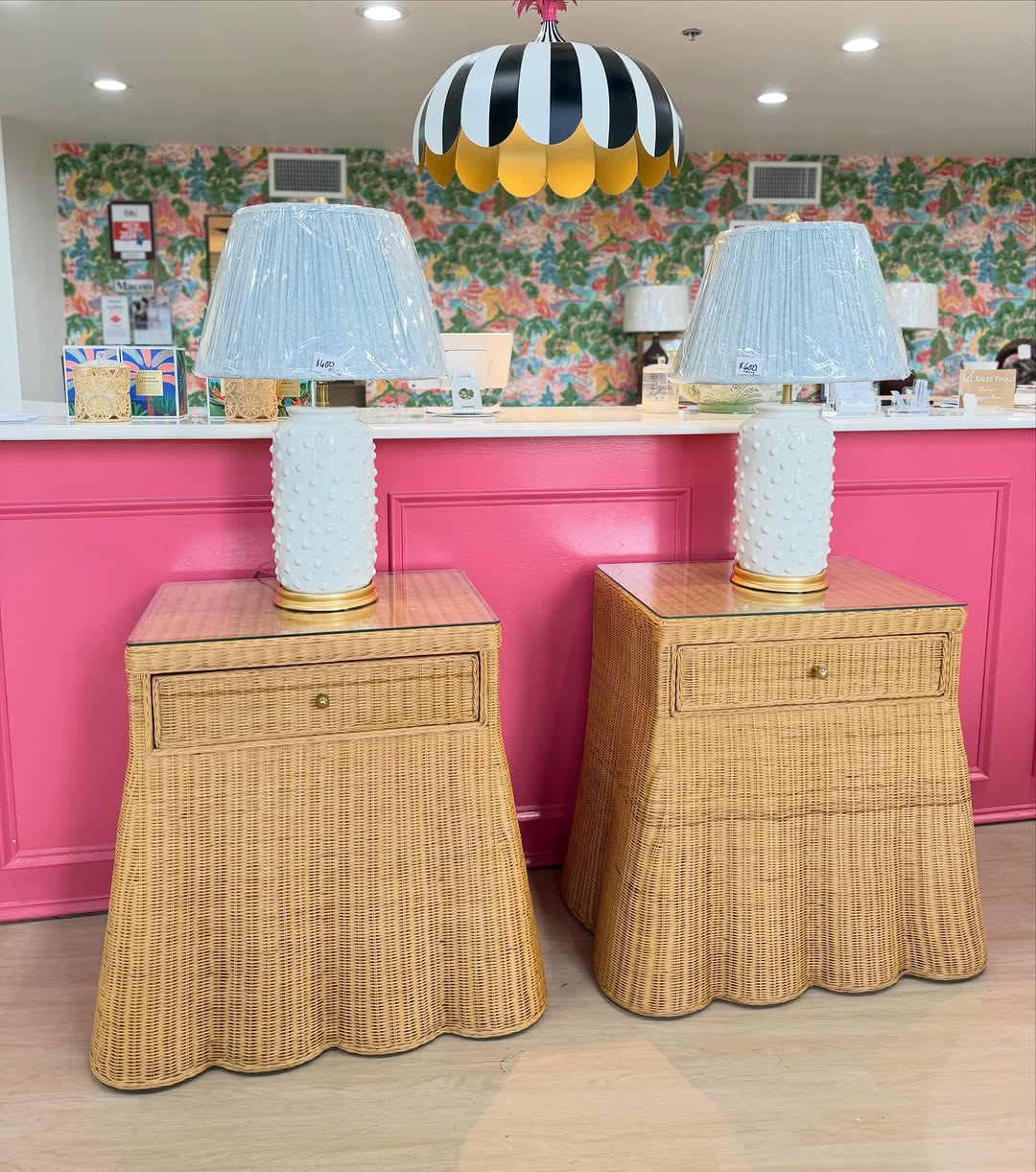 Giselle night stand rattan scalloped set with glass top included