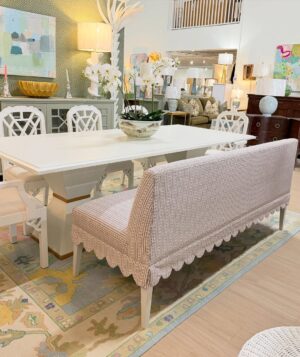 Scalloped Charlotte banquet covered and Lily slipper Coco with white leg! This is spot clean!