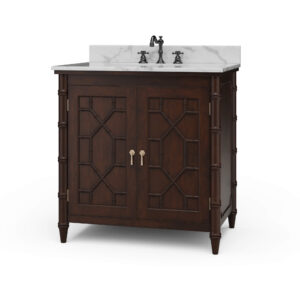35” teak brown single bamboo vanity with marble top & back splash included