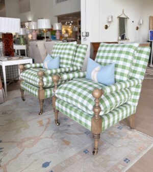 Bradstreet chairs covered in spot clean fabric green Buffalo check ! With a green velvet welt and wooden leg!!