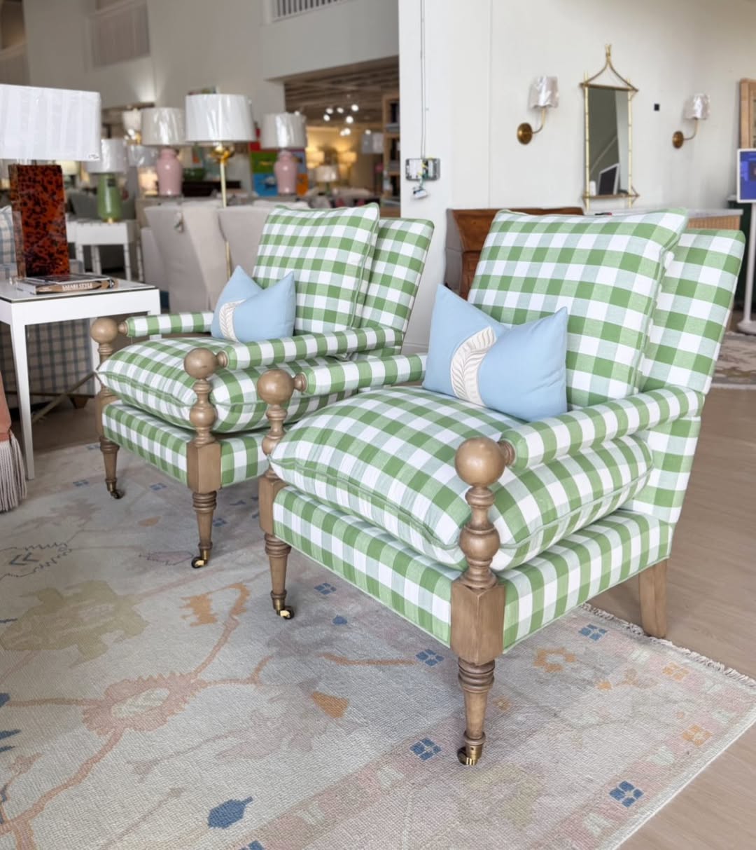 Bradstreet chairs covered in spot clean fabric green Buffalo check ! With a green velvet welt and wooden leg!!