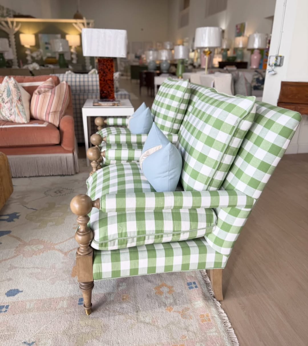 Bradstreet chairs covered in spot clean fabric green Buffalo check ! With a green velvet welt and wooden leg!! - Image 2