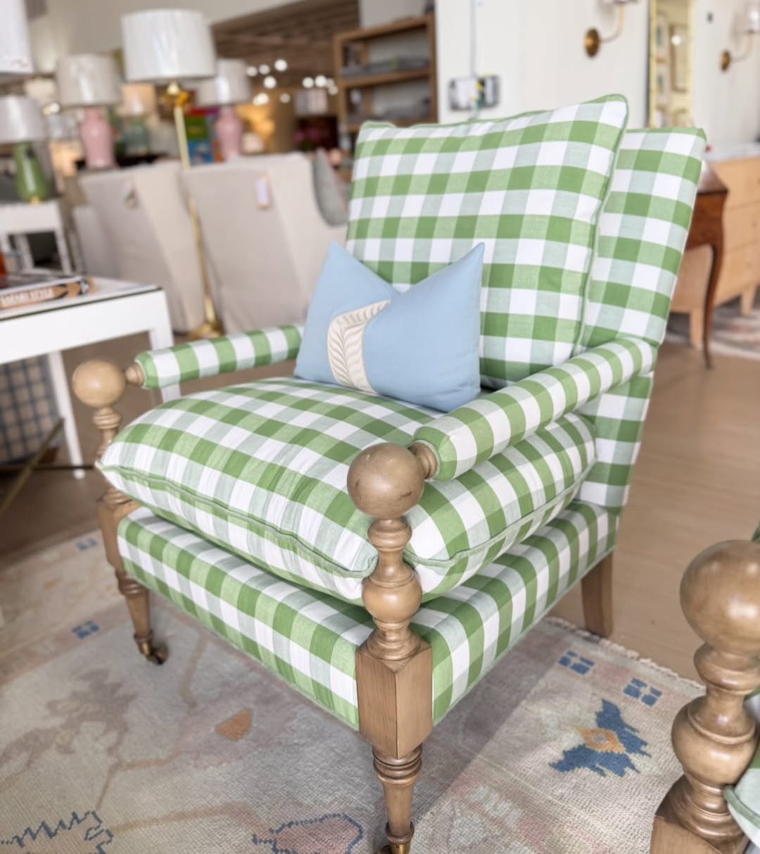 Bradstreet chairs covered in spot clean fabric green Buffalo check ! With a green velvet welt and wooden leg!! - Image 4