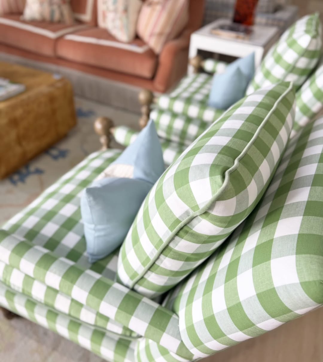 Bradstreet chairs covered in spot clean fabric green Buffalo check ! With a green velvet welt and wooden leg!! - Image 3