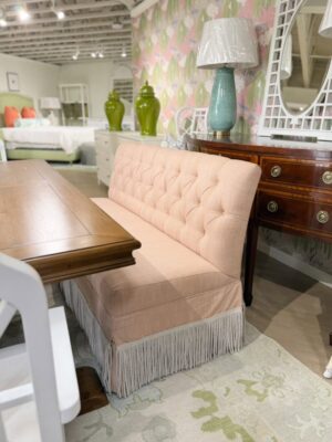 Ingrid banquette in Townsend blush & bullion trim! Spot clean