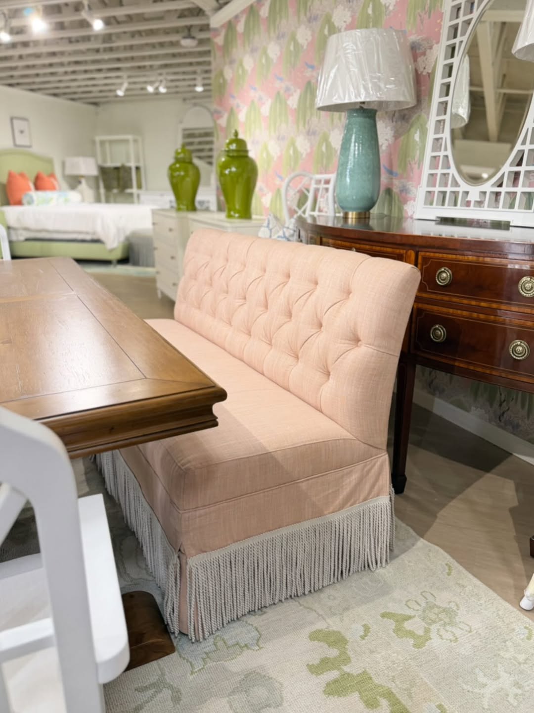 Ingrid banquette in Townsend blush & bullion trim! Spot clean