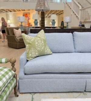 Avery 2 over 1 comfort down sofa covered in performance fabric inside out greecian sky