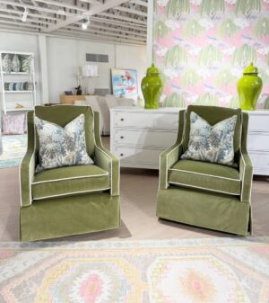 Lindy swivel glider set covered in performance velvet banks zucchini with white welt!