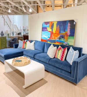 Wesley Hall 3 piece sectional covered in Katie denim and velvet welt