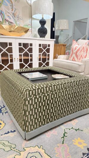 Storage ottoman with tray insert, built-in storage, blue velvet trim, and such a fun pattern