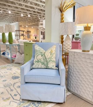 Lindy swivel glider set covered in performance fabric banks Sky