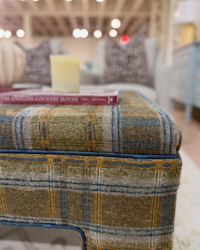 Scott Square ottoman covered in cabin plaid moss welted in Ellis navy - Image 2