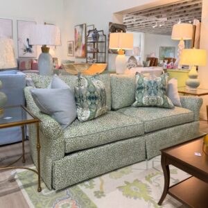 Grace waterfall 2 cushion sofa covered in lizzy grasshopper with Soco sky welt