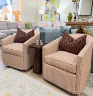 Wesley hall Radcliffe Barrel swivel chairs covered in spot clean fabric : Celeste shell