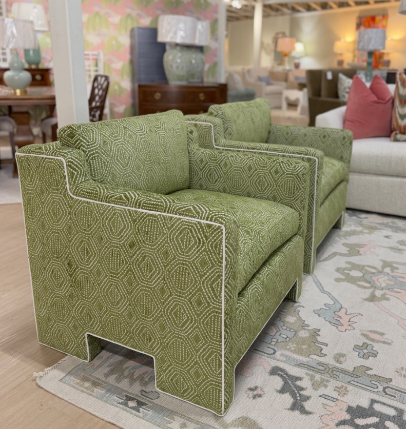 Ashford club chair set! Covered in green twill with white welt!!