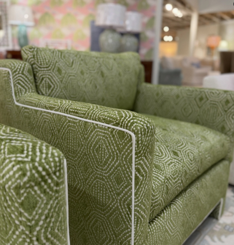 Ashford club chair set! Covered in green twill with white welt!! - Image 2