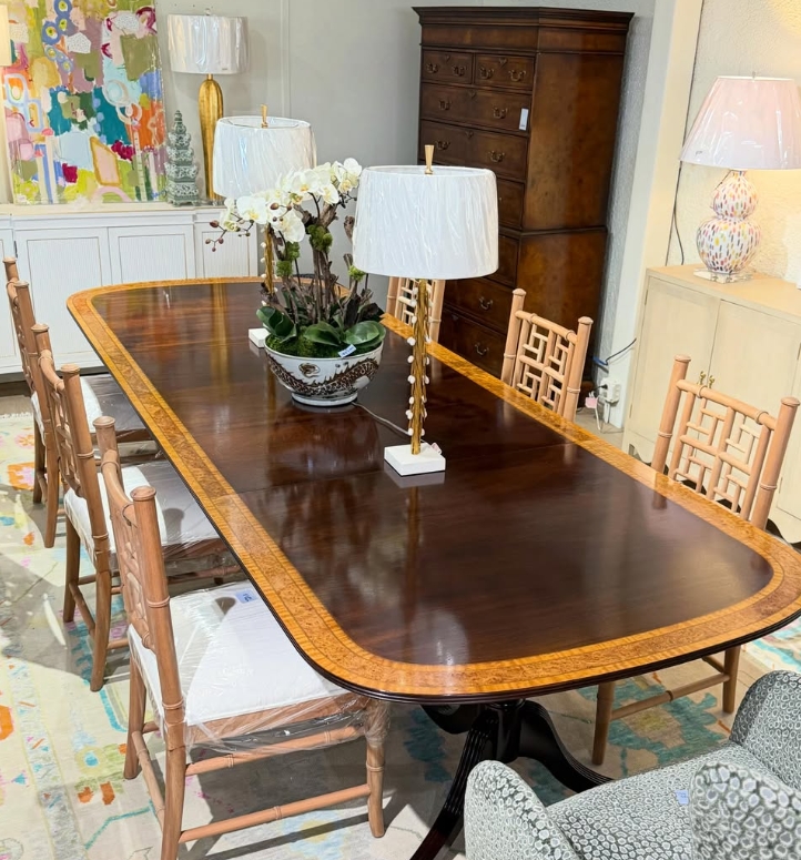A timeless English mahogany table with beautiful triple-banded detailing