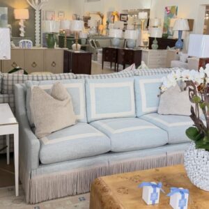 Flynn sofa covered in performance fabric Whitman pool with bullion fringe & tape trim cushions!