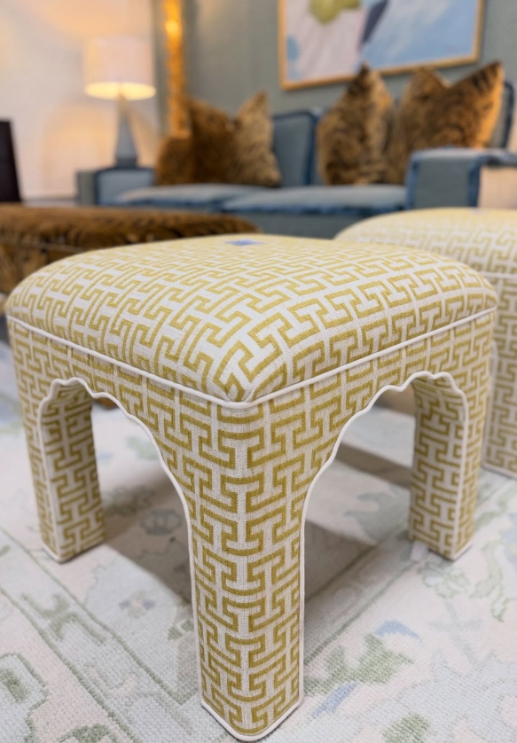 Pavon ottoman set in a stunning yellow Greek key & white welting - Image 3