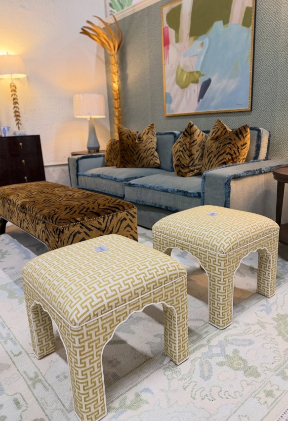 Pavon ottoman set in a stunning yellow Greek key & white welting