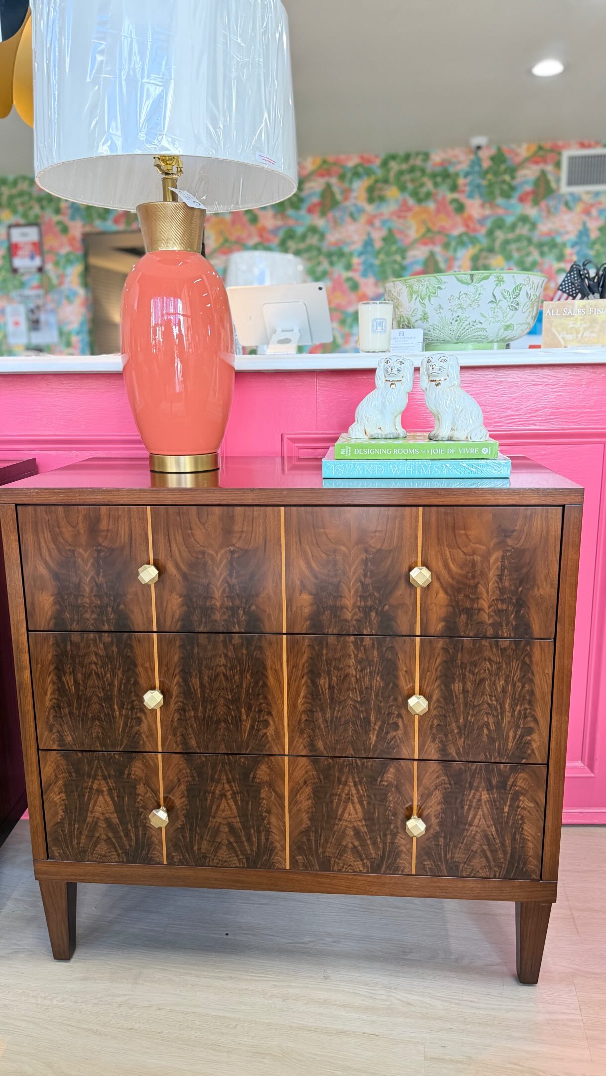 NEW | pegano burlwood bedside chest!