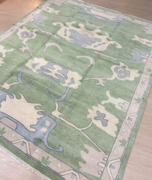 8 x 10 Handmade Turkish Oushak Rug | Blue, Green, Cream More Solid