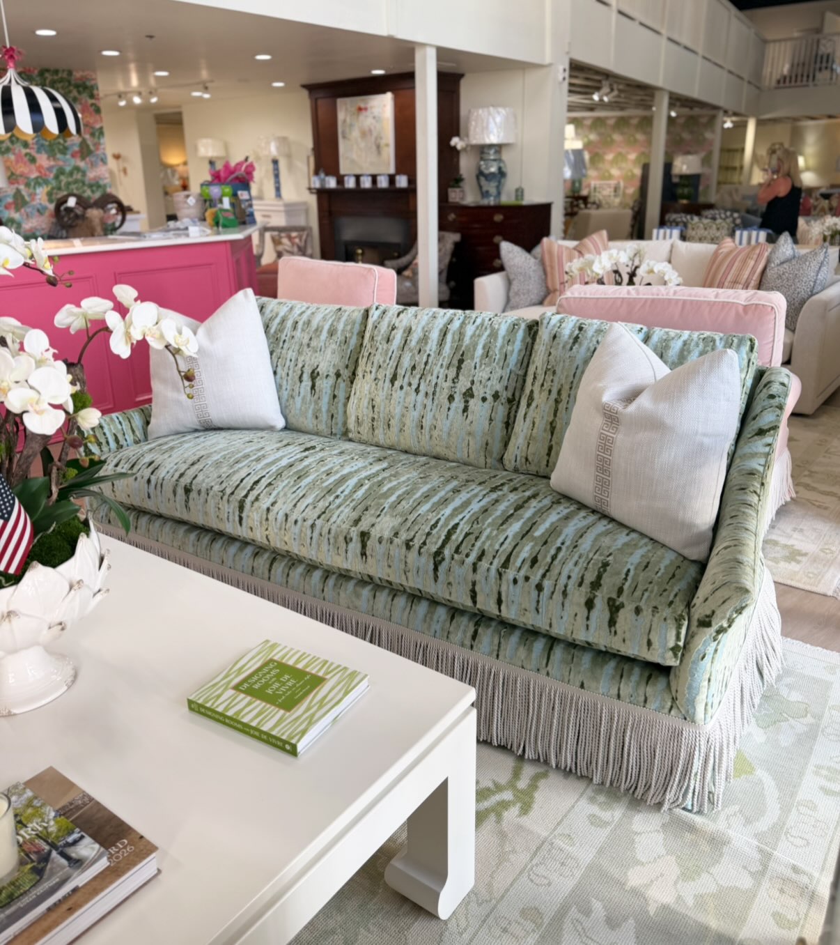 Wesley hall Jules sofa covered in fabric lofton julep with bullion fringe! This is spot clean - Image 3