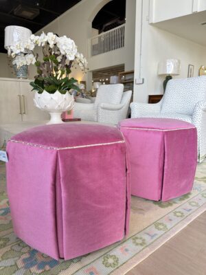 Set of hexagon ottoman set covered in Tasha berry with a fun textured welt