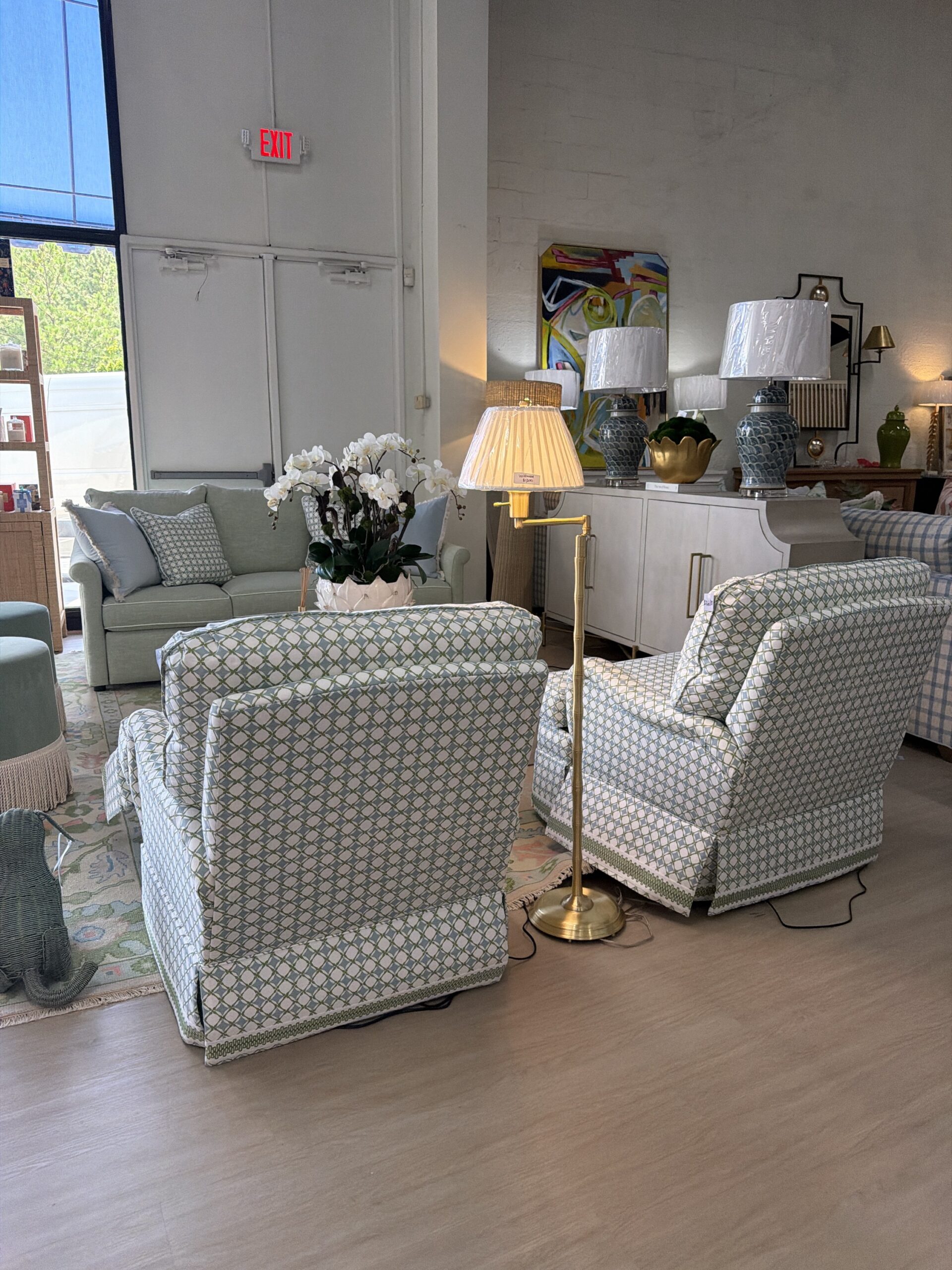 Electric swivel rock and recline covered in green blue diamond team with green trim $3600 each - Image 3