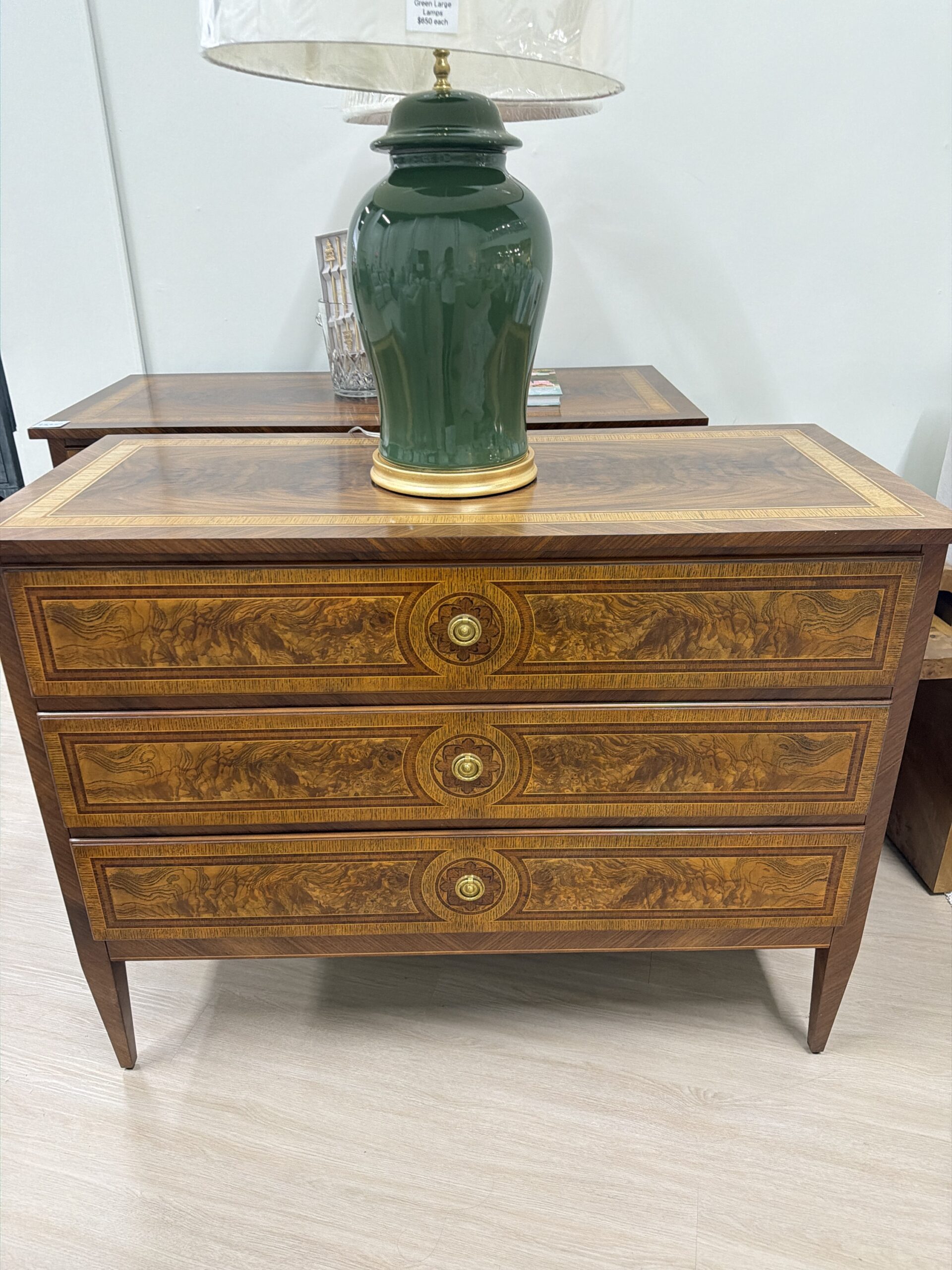 Large Beizer chest | 3 drawer storage | gold hardware | set of 2 $3950 each | feathered oak wood & soft close drawers - Image 5
