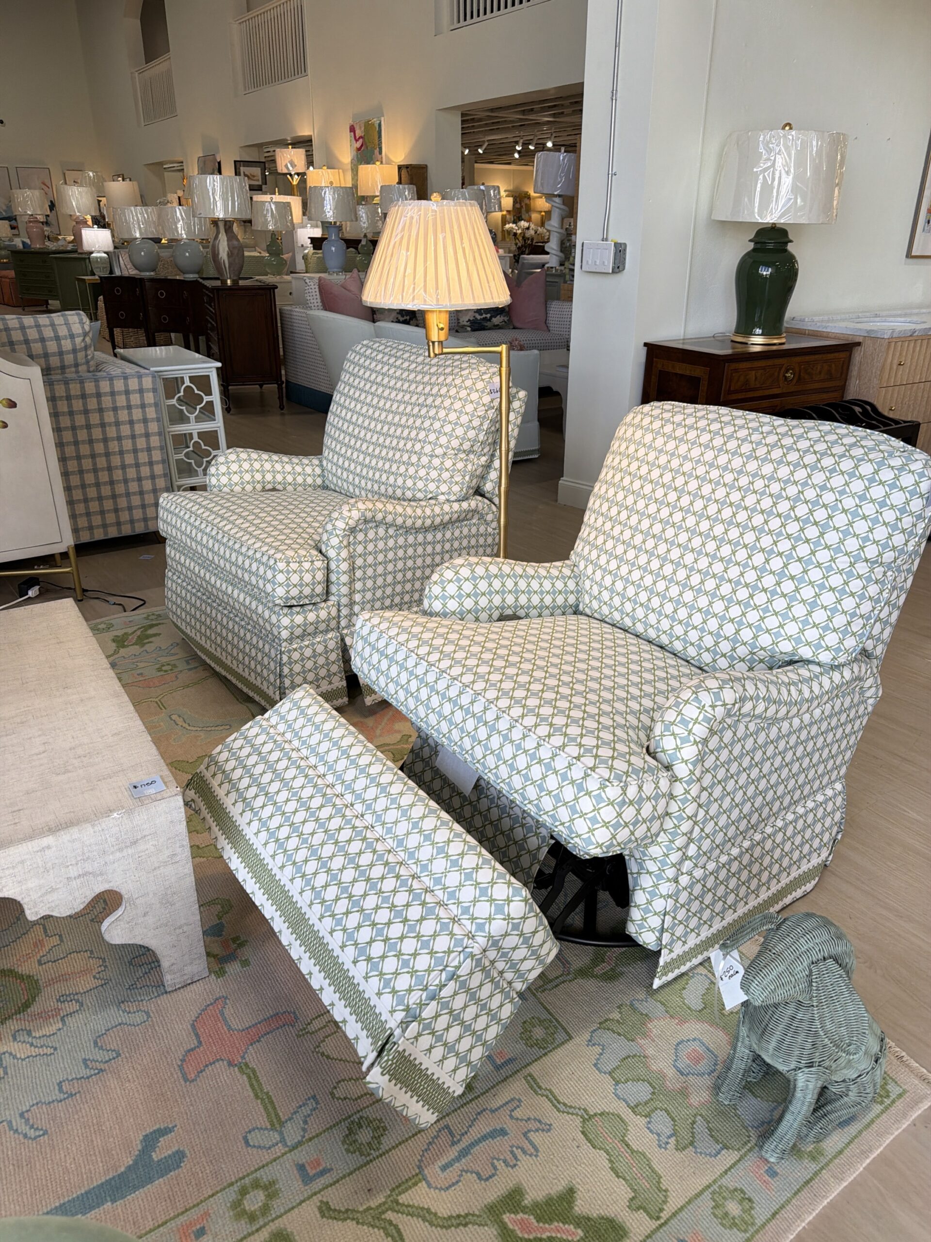 Electric swivel rock and recline covered in green blue diamond team with green trim $3600 each - Image 6