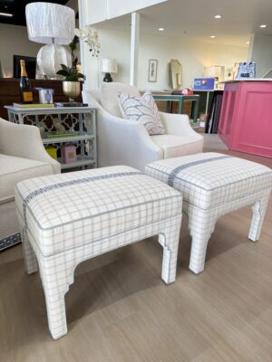Sherrill Ottoman set in a beautiful performance toupe print with blue trim topper!