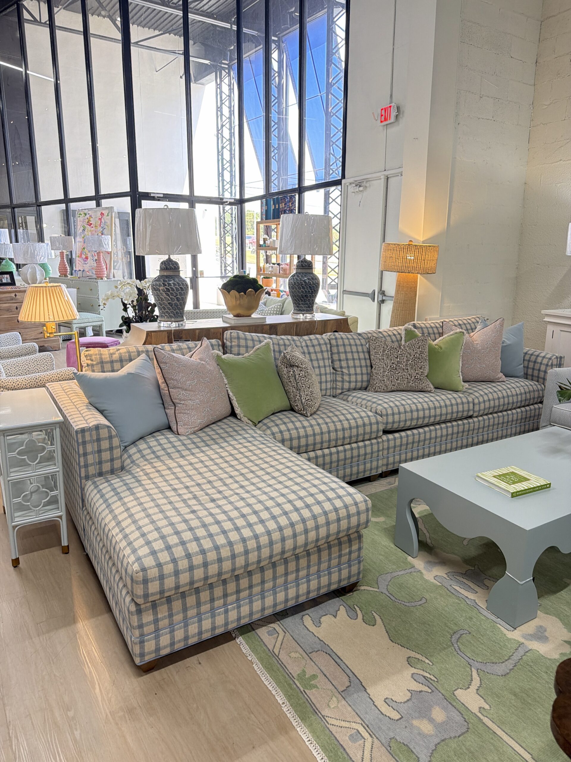 Wesley Hall 3 piece sectional covered in hyacinth azure and velvet welt!