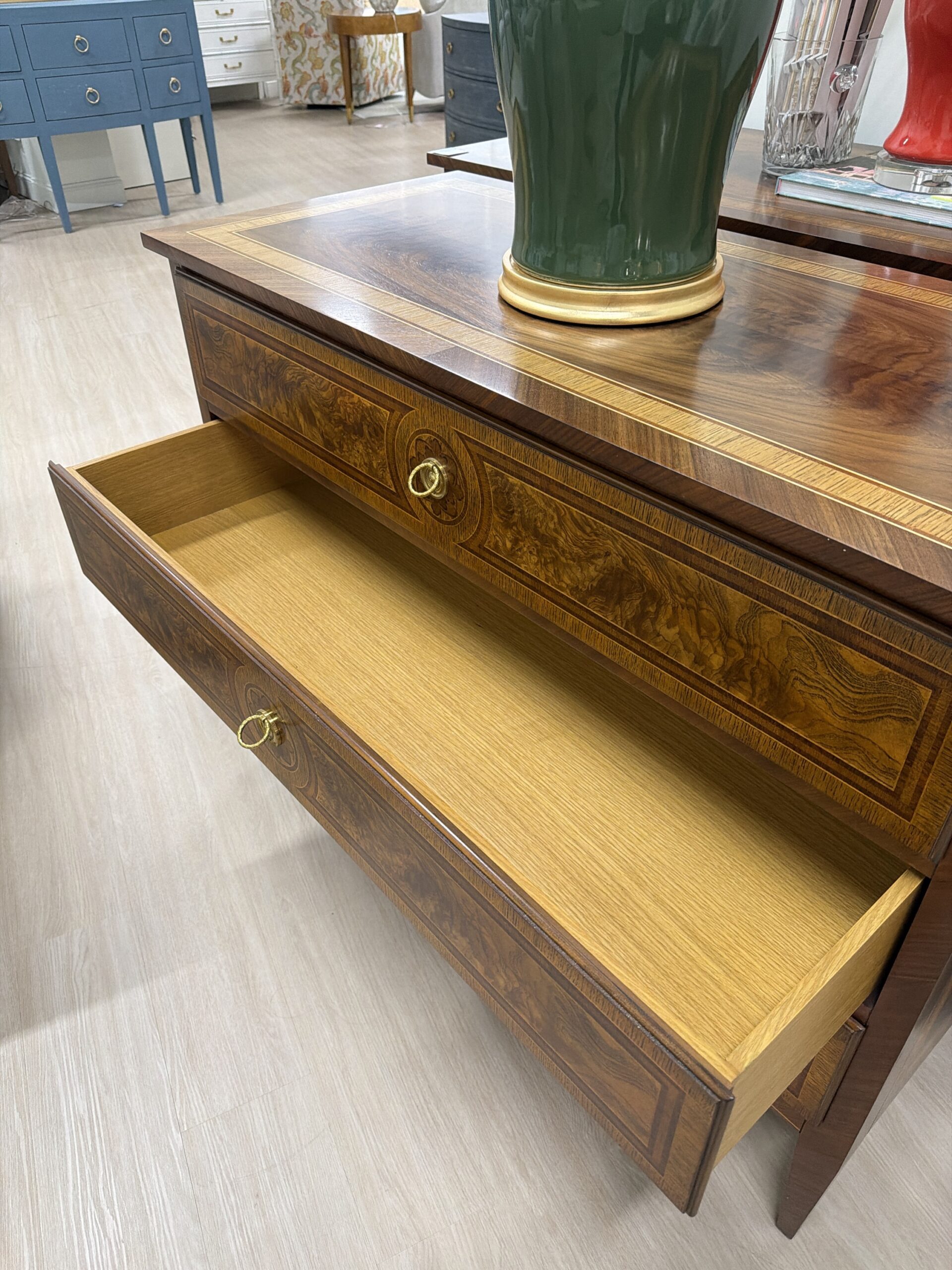 Large Beizer chest | 3 drawer storage | gold hardware | set of 2 $3950 each | feathered oak wood & soft close drawers - Image 3
